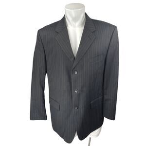 S&K Men's Black 100% Wool Pinstriped Long Sleeve Blazer Coat Suit Jacket Size 46